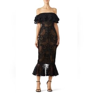Marchesa Off-Shoulder Black Lace Midi Cocktail Dress